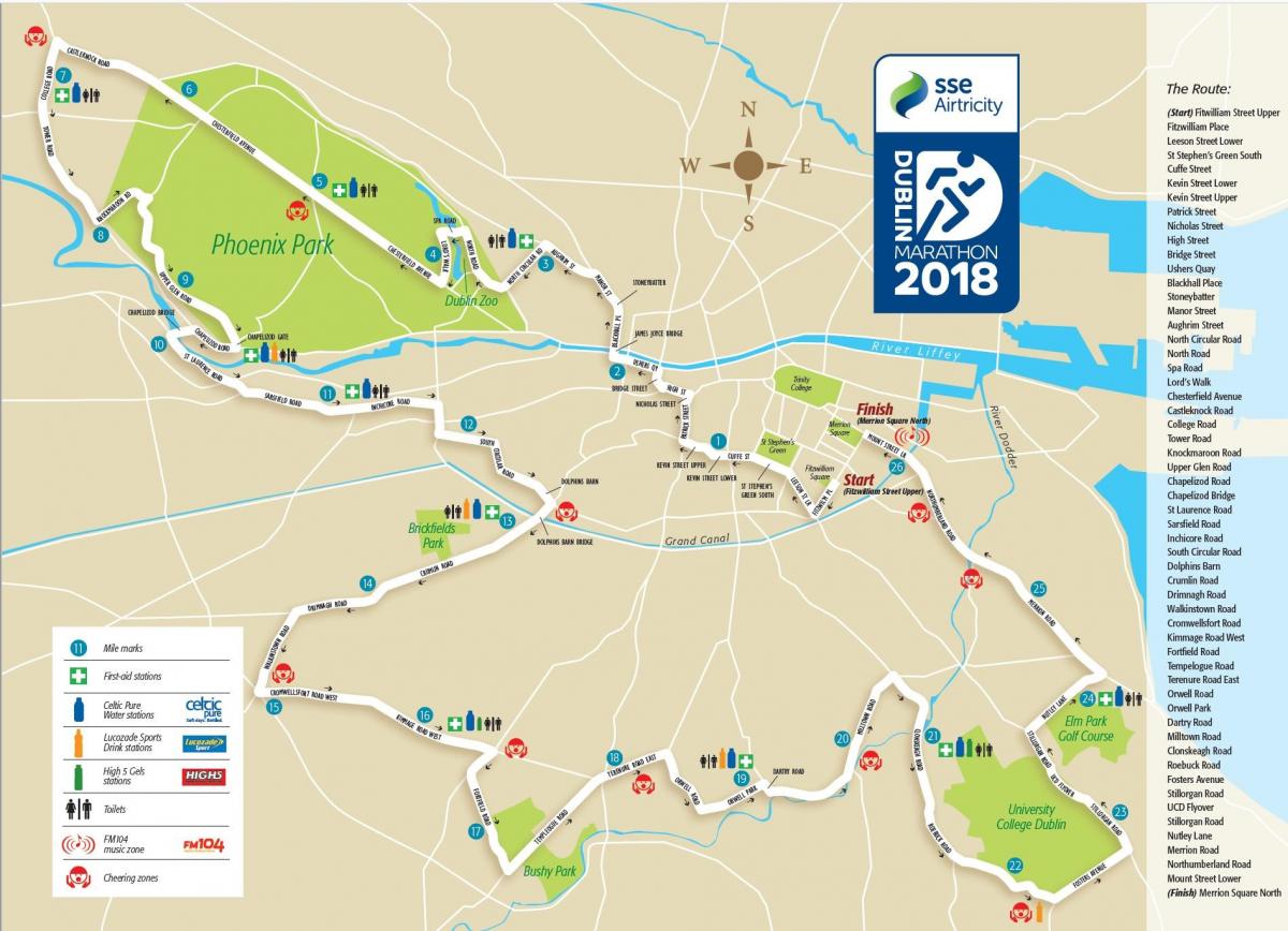 Dublin hiriko maratoi ibilbidea mapa